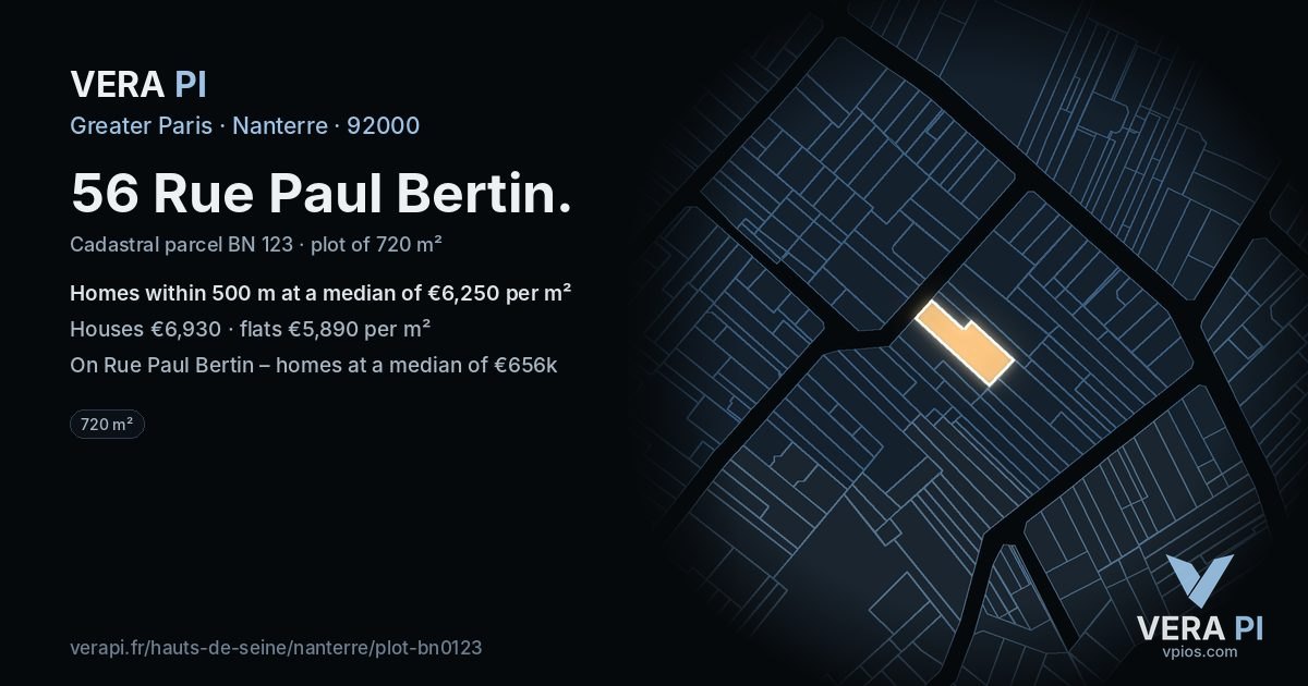 56 Rue Paul Bertin, Nanterre at night – the plot lit, the parcels around coloured by the prices near them