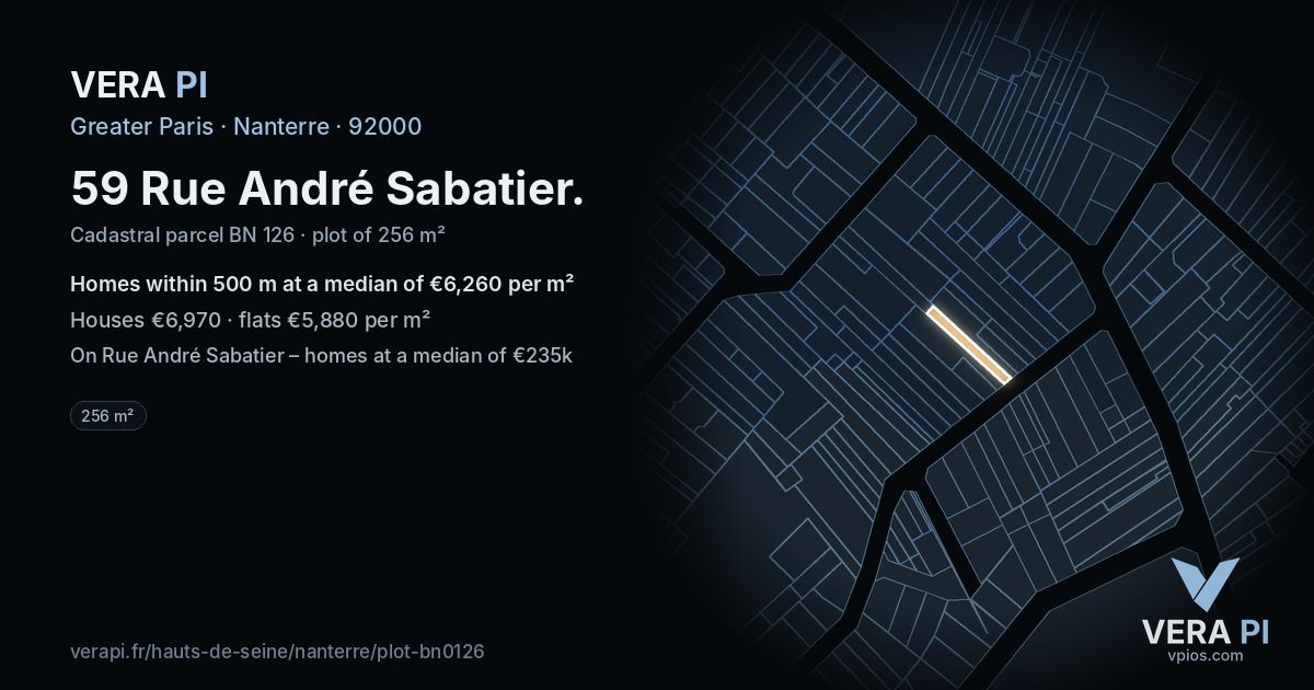 59 Rue André Sabatier, Nanterre at night – the plot lit, the parcels around coloured by the prices near them