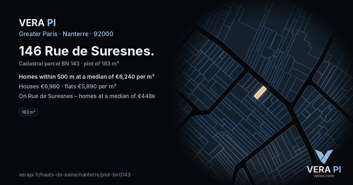 146 Rue de Suresnes, Nanterre at night – the plot lit, the parcels around coloured by the prices near them