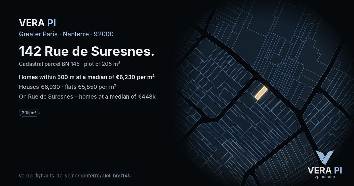 142 Rue de Suresnes, Nanterre at night – the plot lit, the parcels around coloured by the prices near them