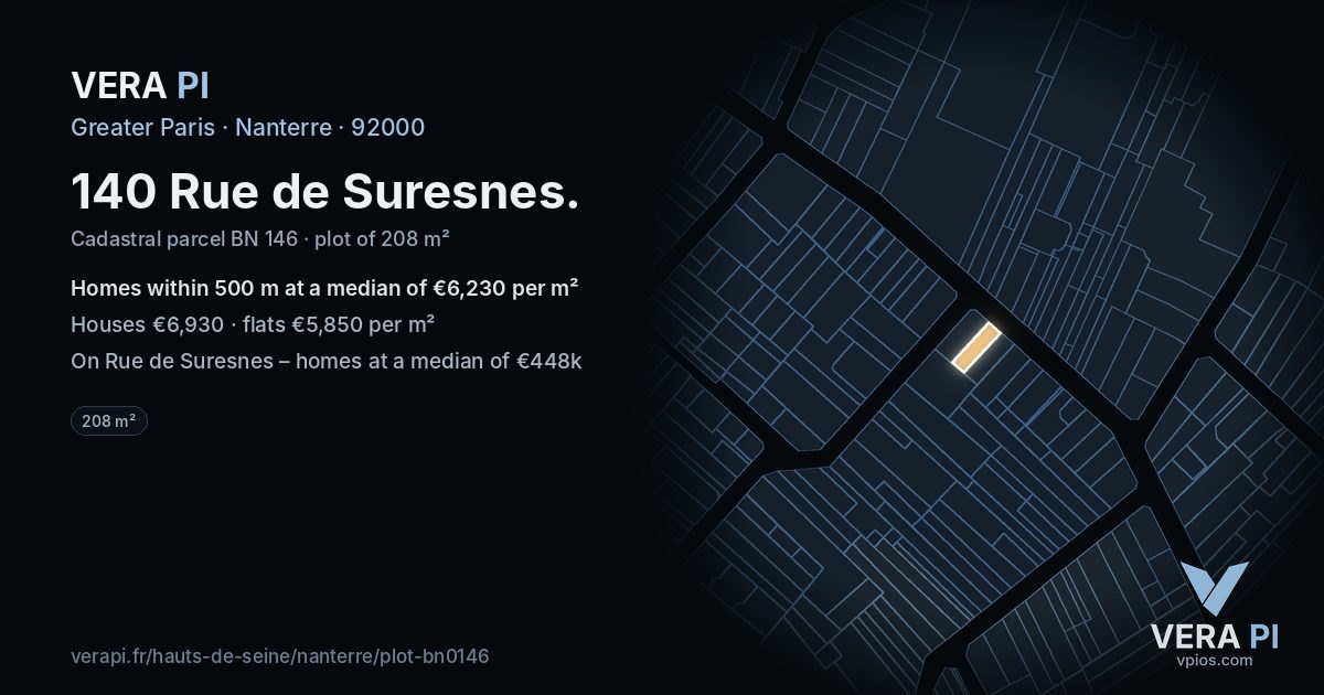 140 Rue de Suresnes, Nanterre at night – the plot lit, the parcels around coloured by the prices near them