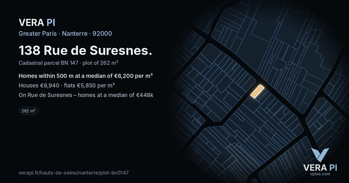 138 Rue de Suresnes, Nanterre at night – the plot lit, the parcels around coloured by the prices near them