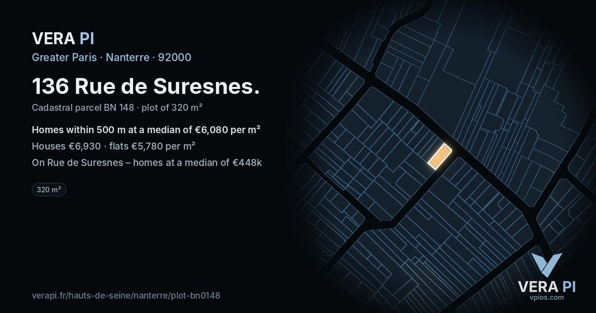 136 Rue de Suresnes, Nanterre at night – the plot lit, the parcels around coloured by the prices near them