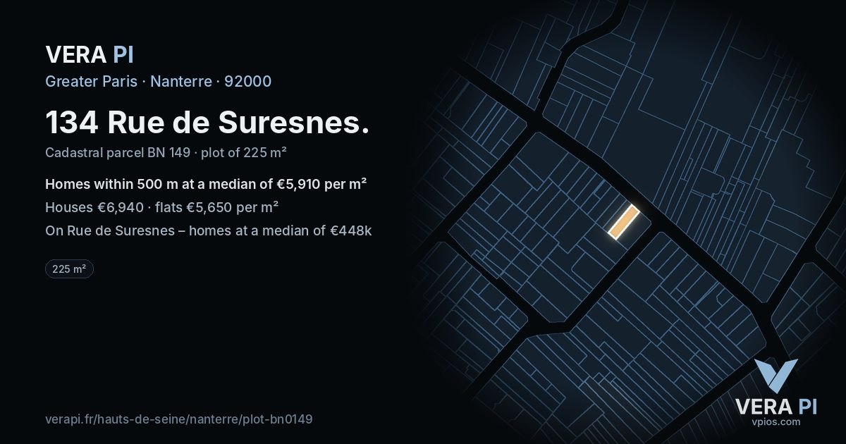 134 Rue de Suresnes, Nanterre at night – the plot lit, the parcels around coloured by the prices near them