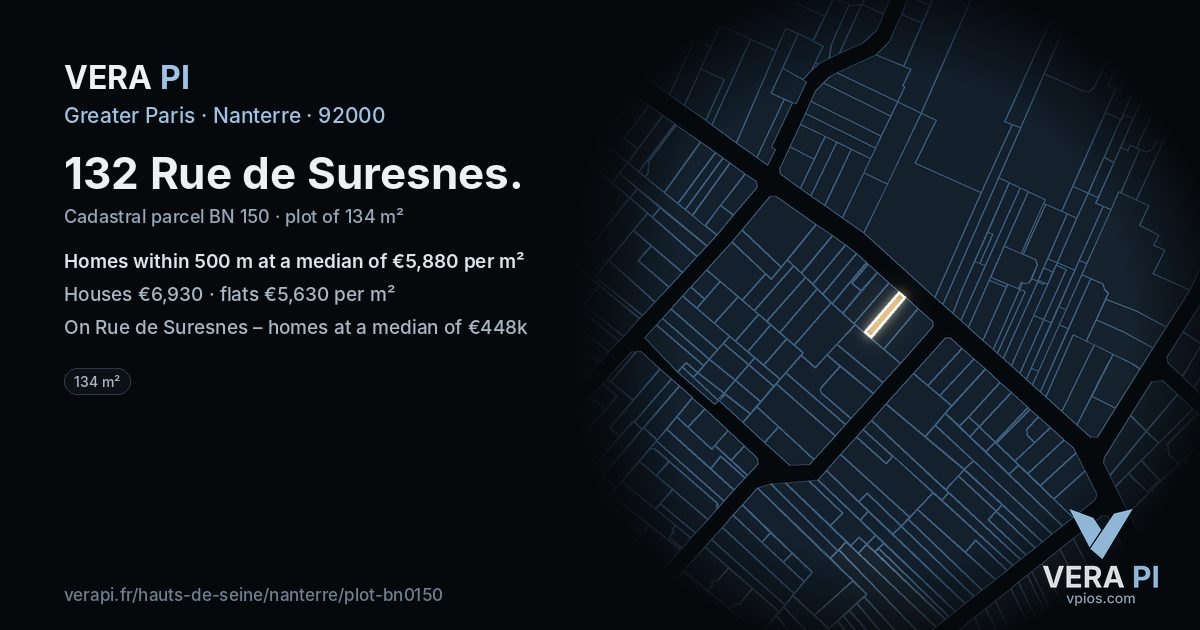 132 Rue de Suresnes, Nanterre at night – the plot lit, the parcels around coloured by the prices near them