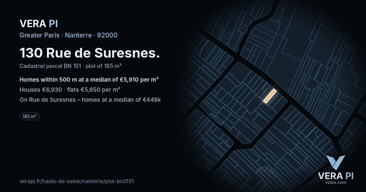 130 Rue de Suresnes, Nanterre at night – the plot lit, the parcels around coloured by the prices near them