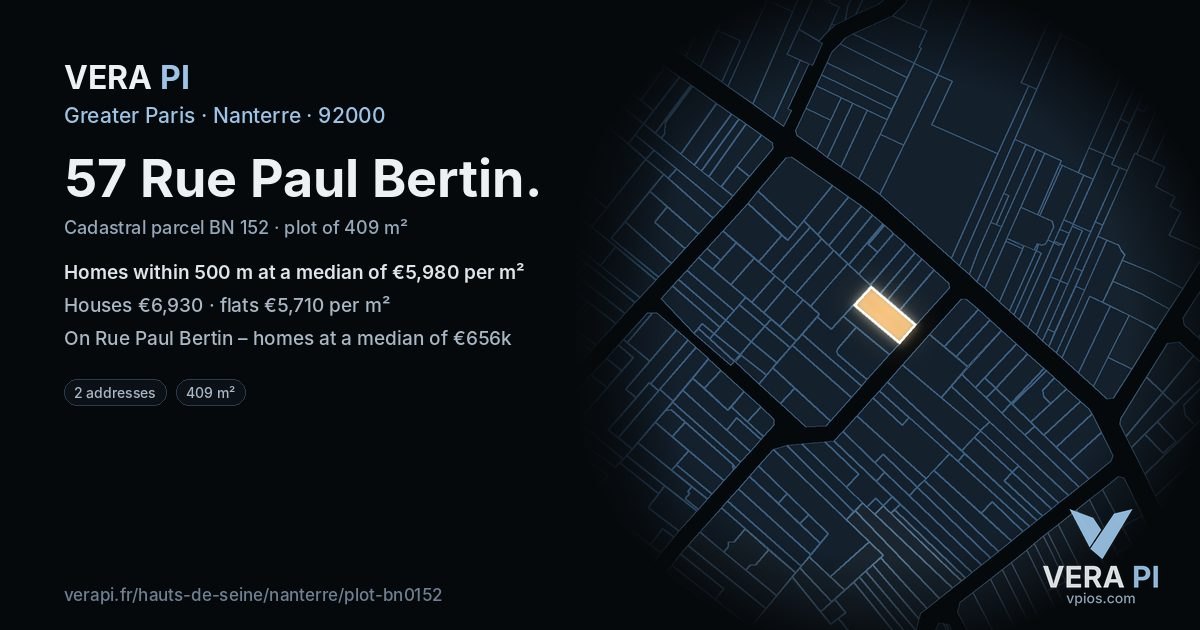 57 Rue Paul Bertin, Nanterre at night – the plot lit, the parcels around coloured by the prices near them