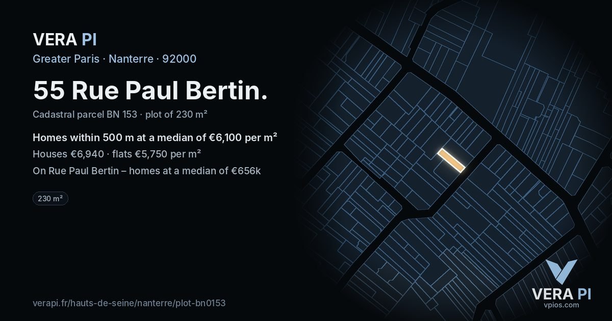 55 Rue Paul Bertin, Nanterre at night – the plot lit, the parcels around coloured by the prices near them