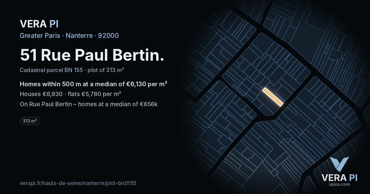 51 Rue Paul Bertin, Nanterre at night – the plot lit, the parcels around coloured by the prices near them