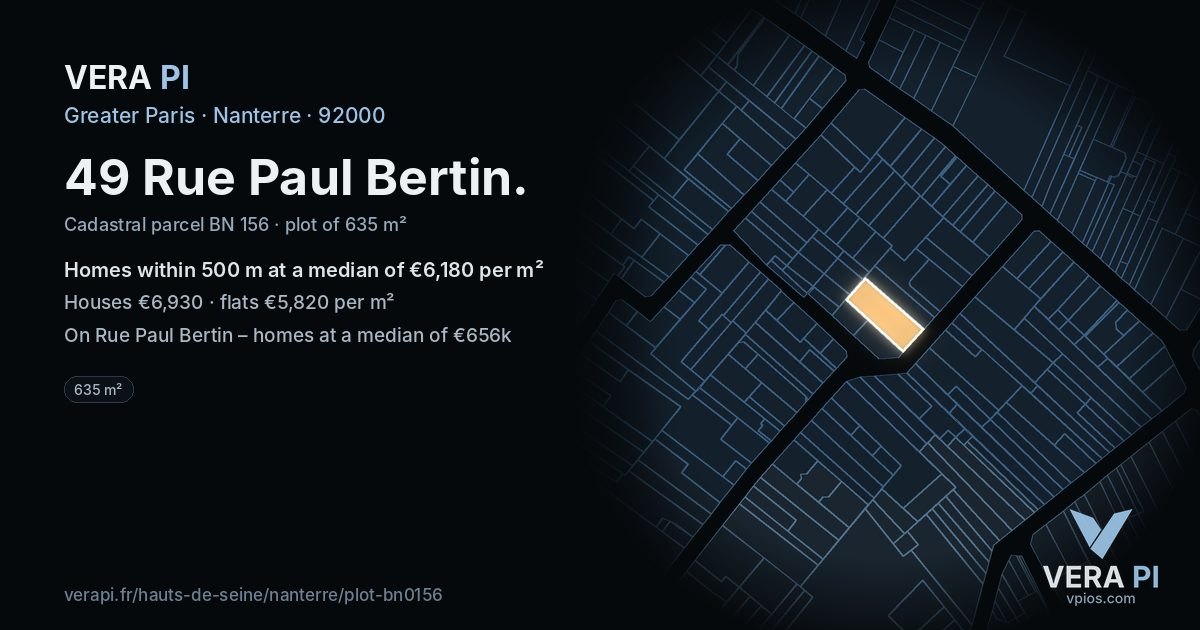 49 Rue Paul Bertin, Nanterre at night – the plot lit, the parcels around coloured by the prices near them