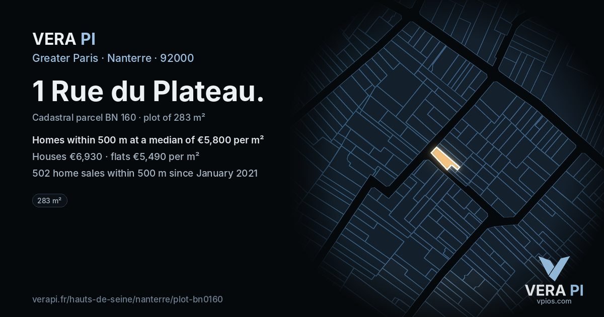 1 Rue du Plateau, Nanterre at night – the plot lit, the parcels around coloured by the prices near them