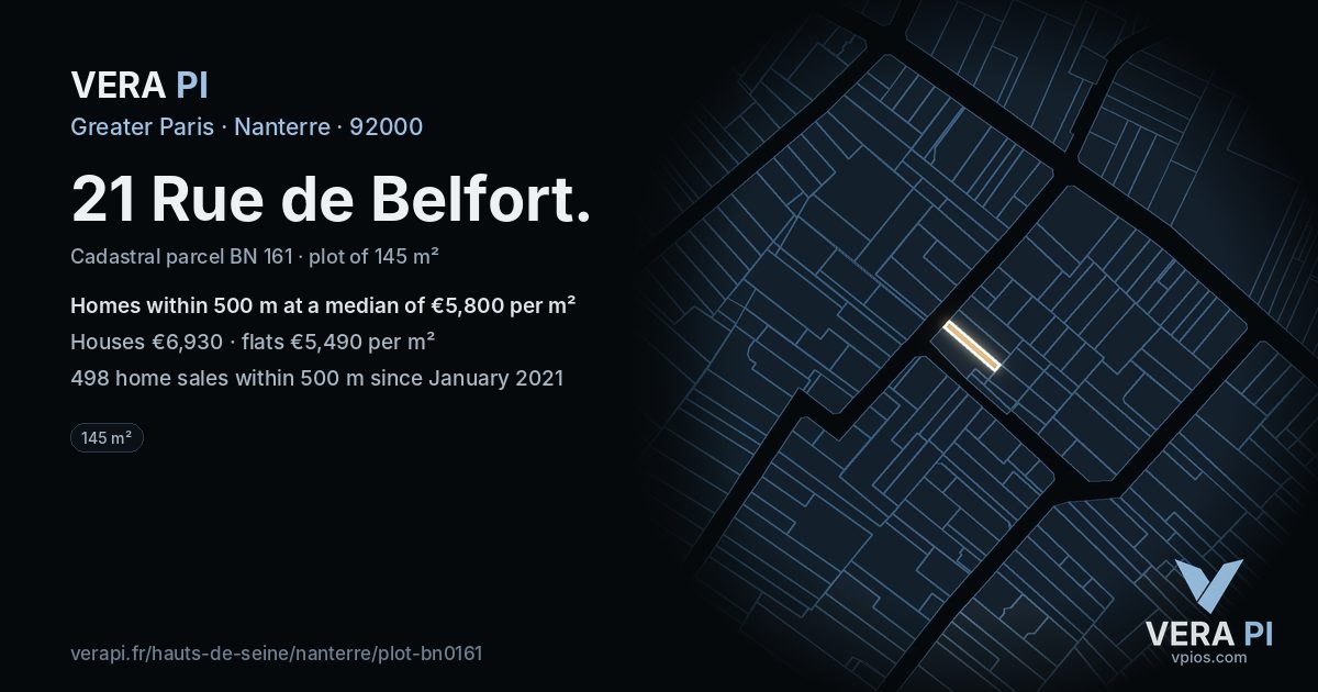 21 Rue de Belfort, Nanterre at night – the plot lit, the parcels around coloured by the prices near them
