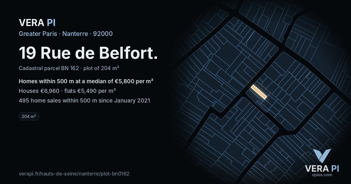 19 Rue de Belfort, Nanterre at night – the plot lit, the parcels around coloured by the prices near them