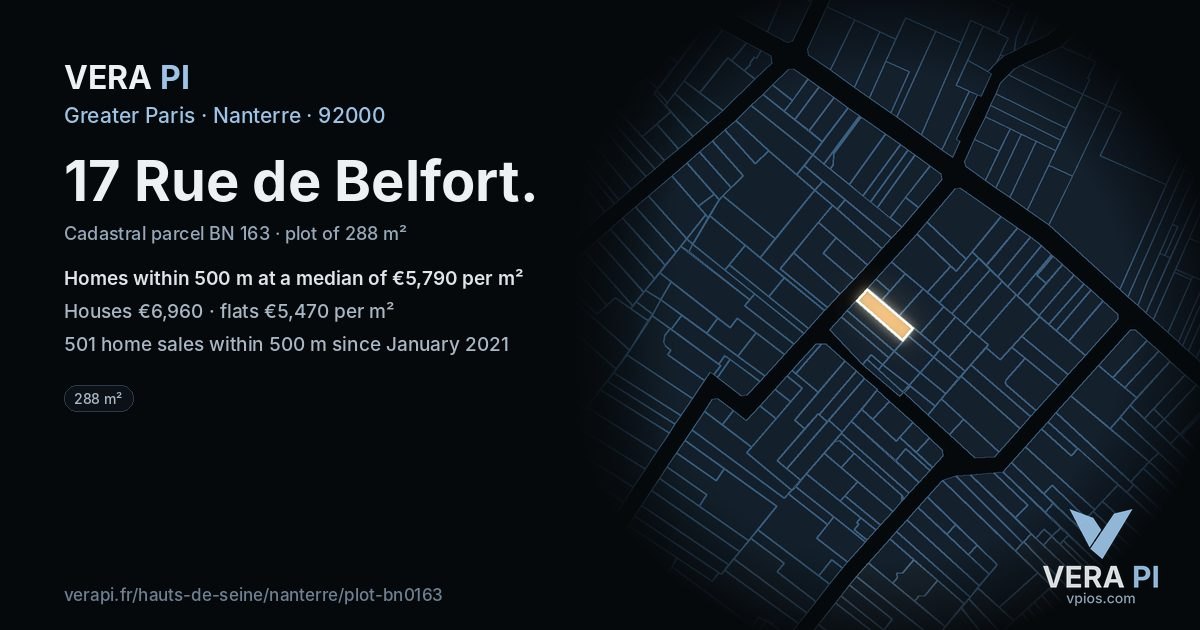 17 Rue de Belfort, Nanterre at night – the plot lit, the parcels around coloured by the prices near them