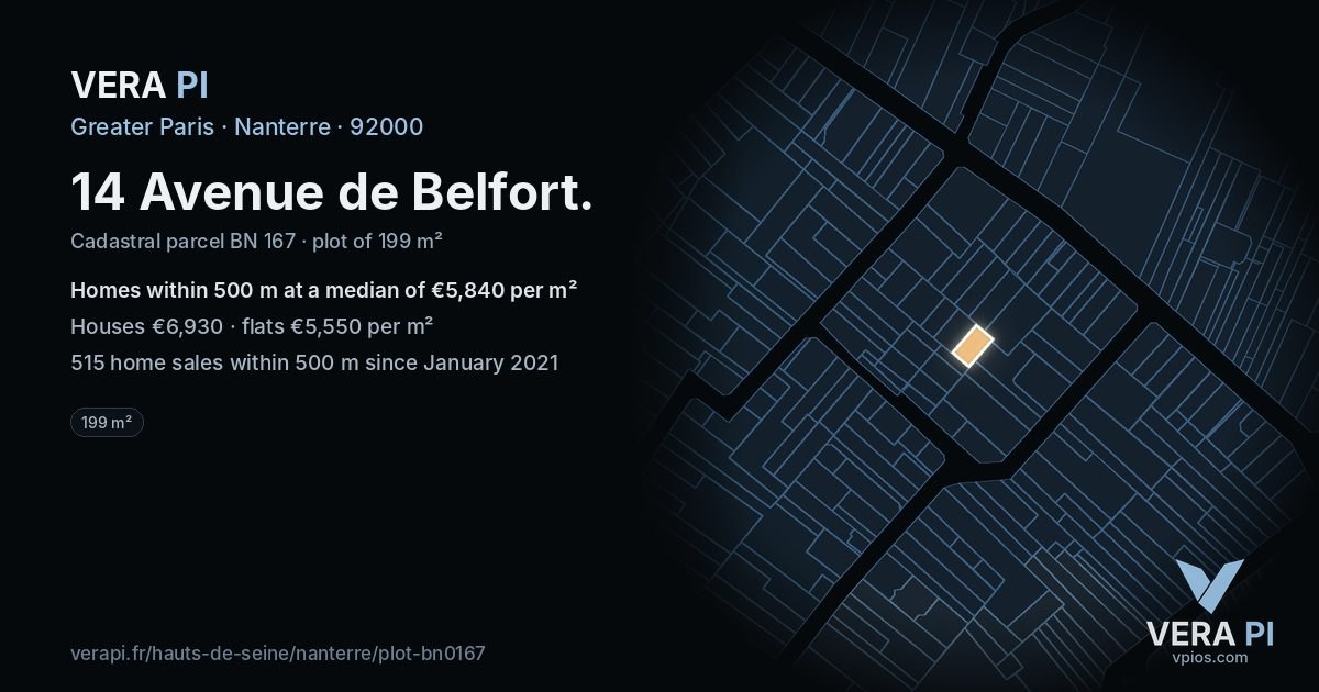 14 Avenue de Belfort, Nanterre at night – the plot lit, the parcels around coloured by the prices near them