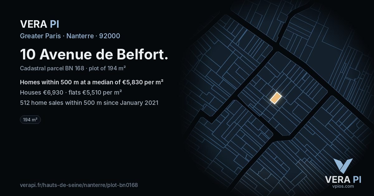 10 Avenue de Belfort, Nanterre at night – the plot lit, the parcels around coloured by the prices near them
