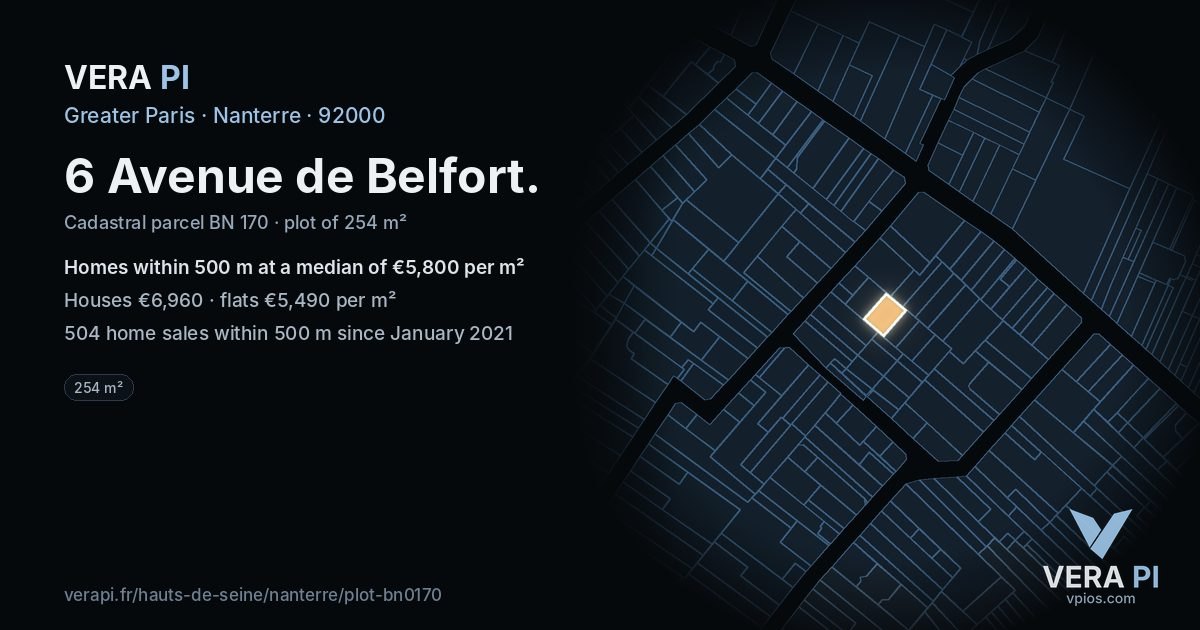 6 Avenue de Belfort, Nanterre at night – the plot lit, the parcels around coloured by the prices near them