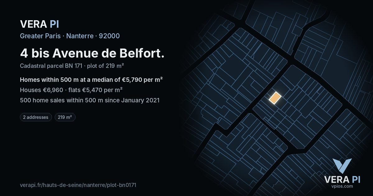 4 bis Avenue de Belfort, Nanterre at night – the plot lit, the parcels around coloured by the prices near them