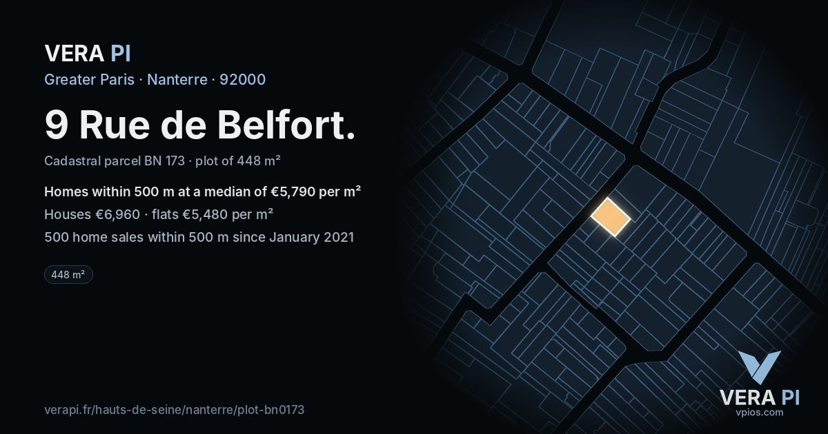 9 Rue de Belfort, Nanterre at night – the plot lit, the parcels around coloured by the prices near them