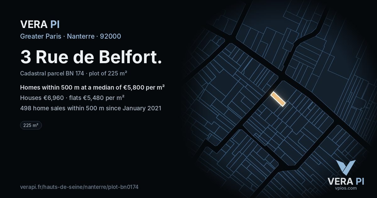 3 Rue de Belfort, Nanterre at night – the plot lit, the parcels around coloured by the prices near them