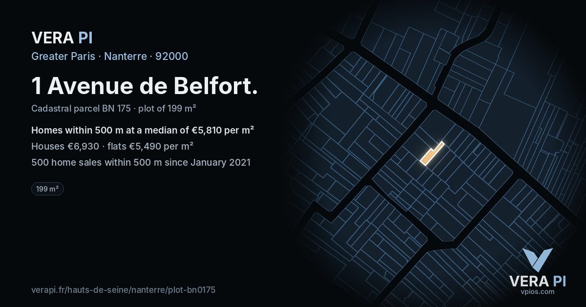 1 Avenue de Belfort, Nanterre at night – the plot lit, the parcels around coloured by the prices near them