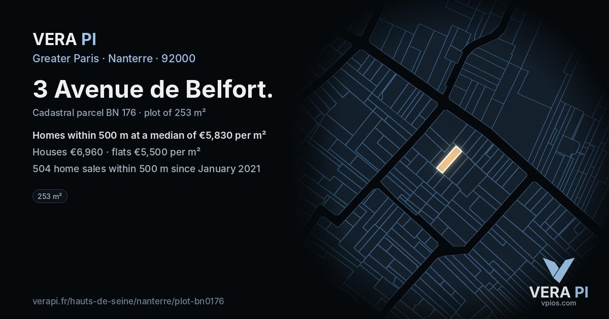 3 Avenue de Belfort, Nanterre at night – the plot lit, the parcels around coloured by the prices near them