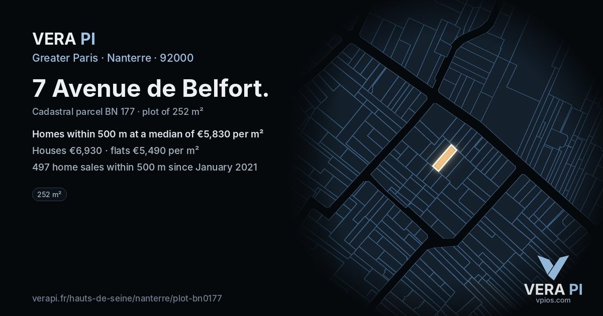 7 Avenue de Belfort, Nanterre at night – the plot lit, the parcels around coloured by the prices near them
