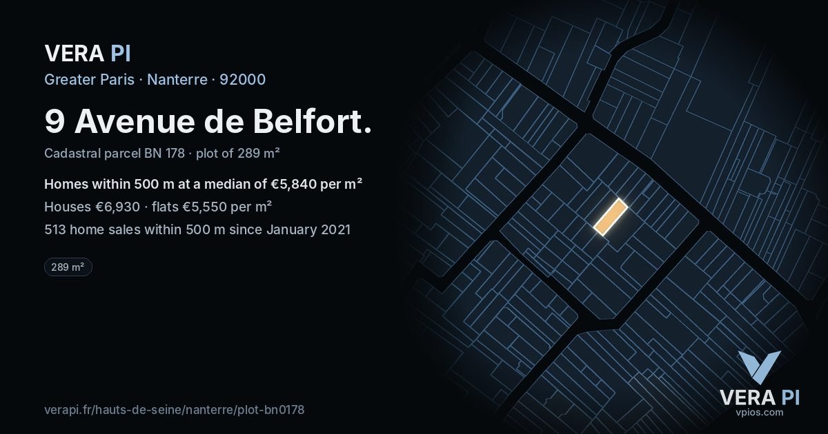 9 Avenue de Belfort, Nanterre at night – the plot lit, the parcels around coloured by the prices near them