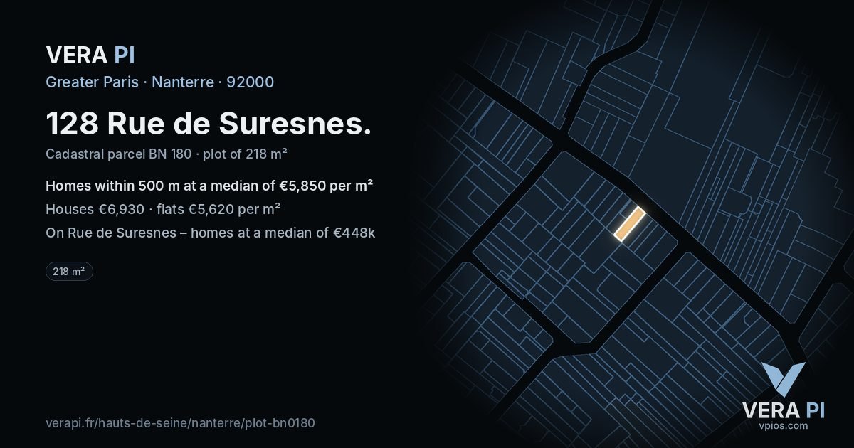 128 Rue de Suresnes, Nanterre at night – the plot lit, the parcels around coloured by the prices near them