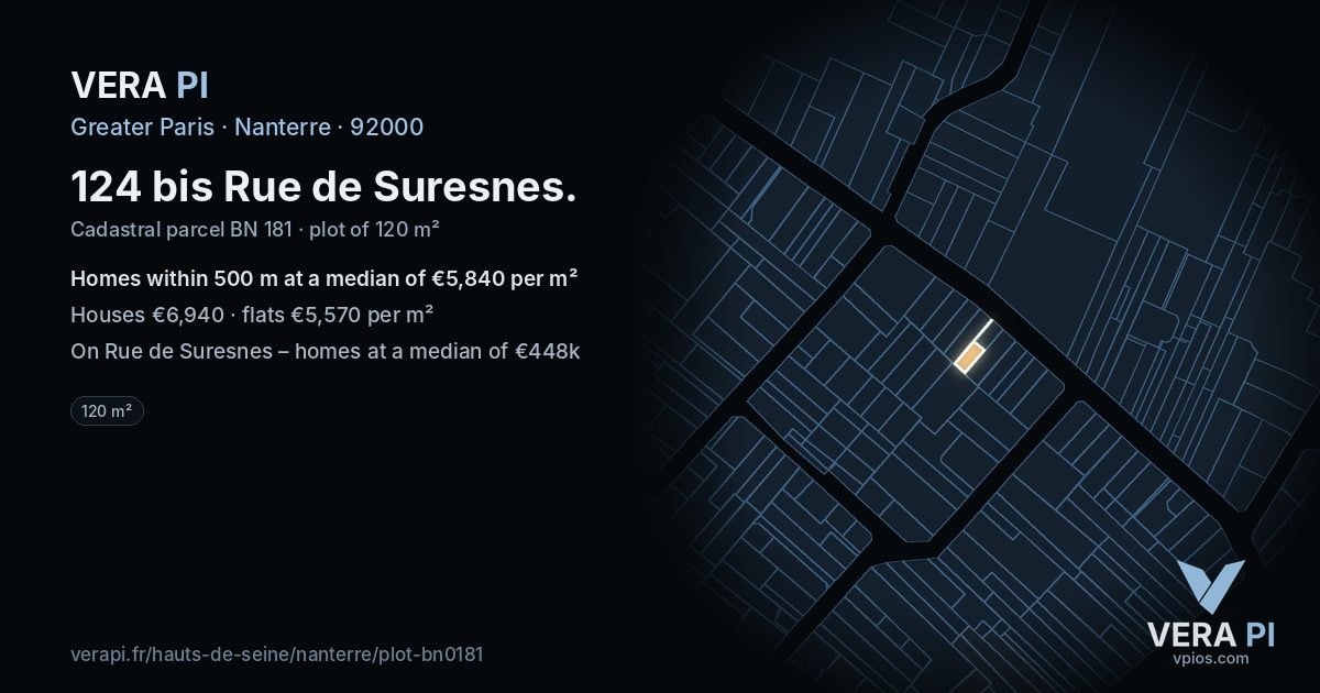 124 bis Rue de Suresnes, Nanterre at night – the plot lit, the parcels around coloured by the prices near them