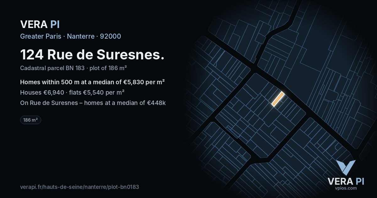 124 Rue de Suresnes, Nanterre at night – the plot lit, the parcels around coloured by the prices near them