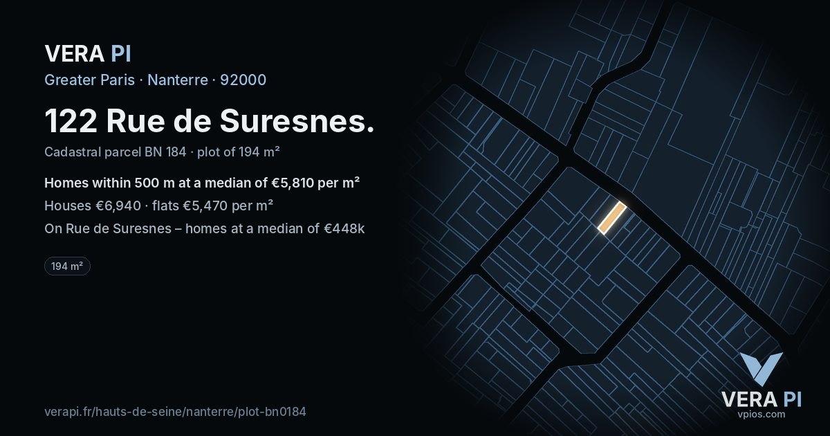 122 Rue de Suresnes, Nanterre at night – the plot lit, the parcels around coloured by the prices near them