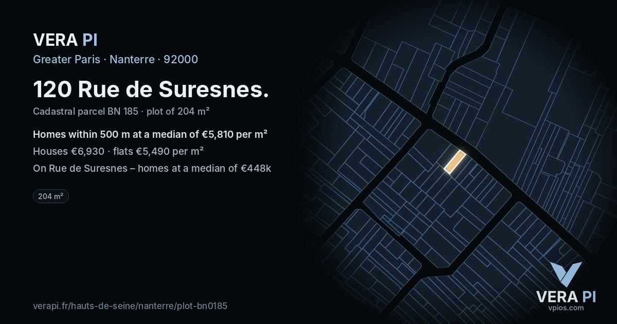 120 Rue de Suresnes, Nanterre at night – the plot lit, the parcels around coloured by the prices near them