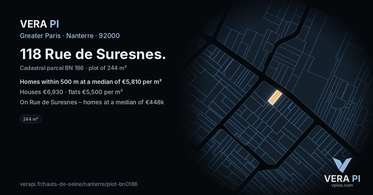 118 Rue de Suresnes, Nanterre at night – the plot lit, the parcels around coloured by the prices near them
