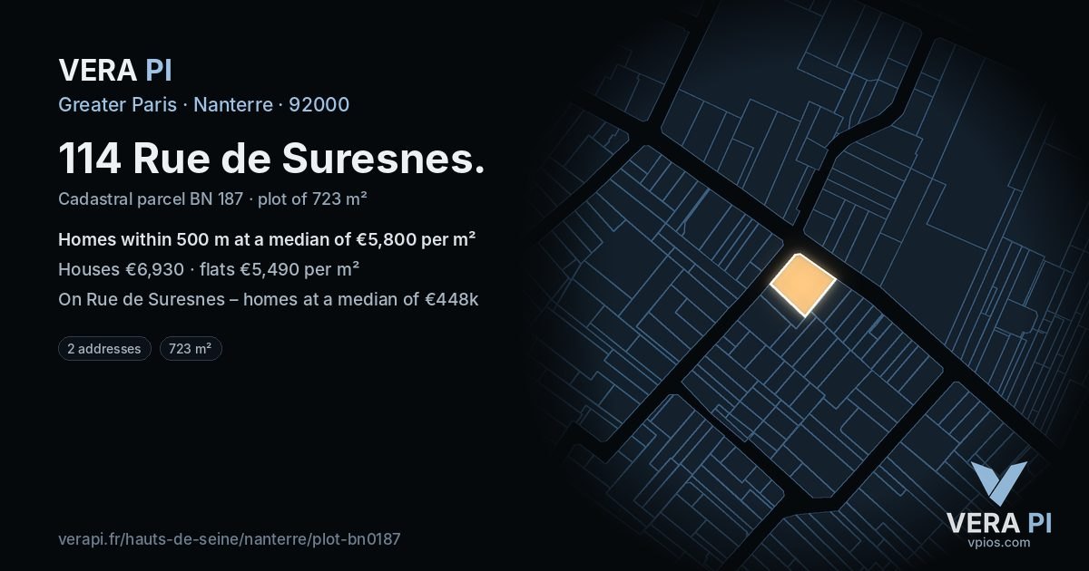 114 Rue de Suresnes, Nanterre at night – the plot lit, the parcels around coloured by the prices near them