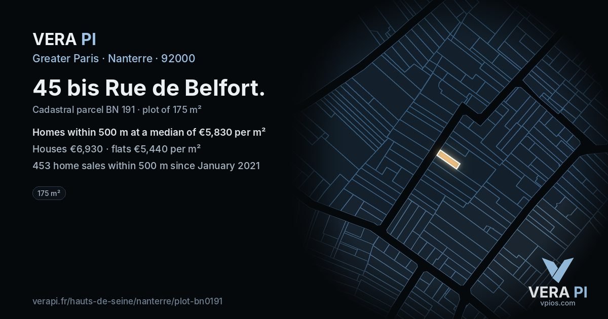 45 bis Rue de Belfort, Nanterre at night – the plot lit, the parcels around coloured by the prices near them