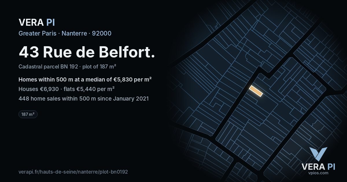43 Rue de Belfort, Nanterre at night – the plot lit, the parcels around coloured by the prices near them