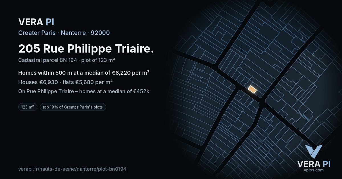 205 Rue Philippe Triaire, Nanterre at night – the plot lit, the parcels around coloured by the prices near them