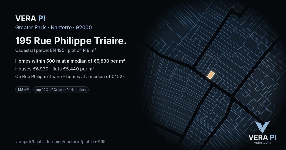 195 Rue Philippe Triaire, Nanterre at night – the plot lit, the parcels around coloured by the prices near them