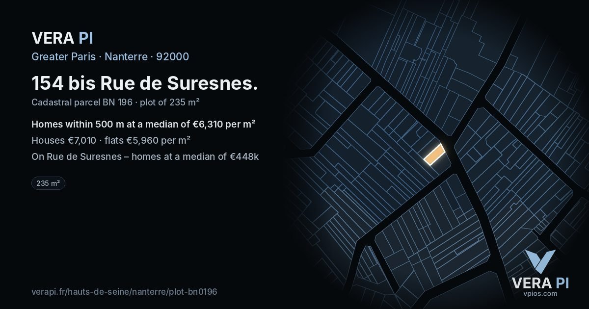154 bis Rue de Suresnes, Nanterre at night – the plot lit, the parcels around coloured by the prices near them