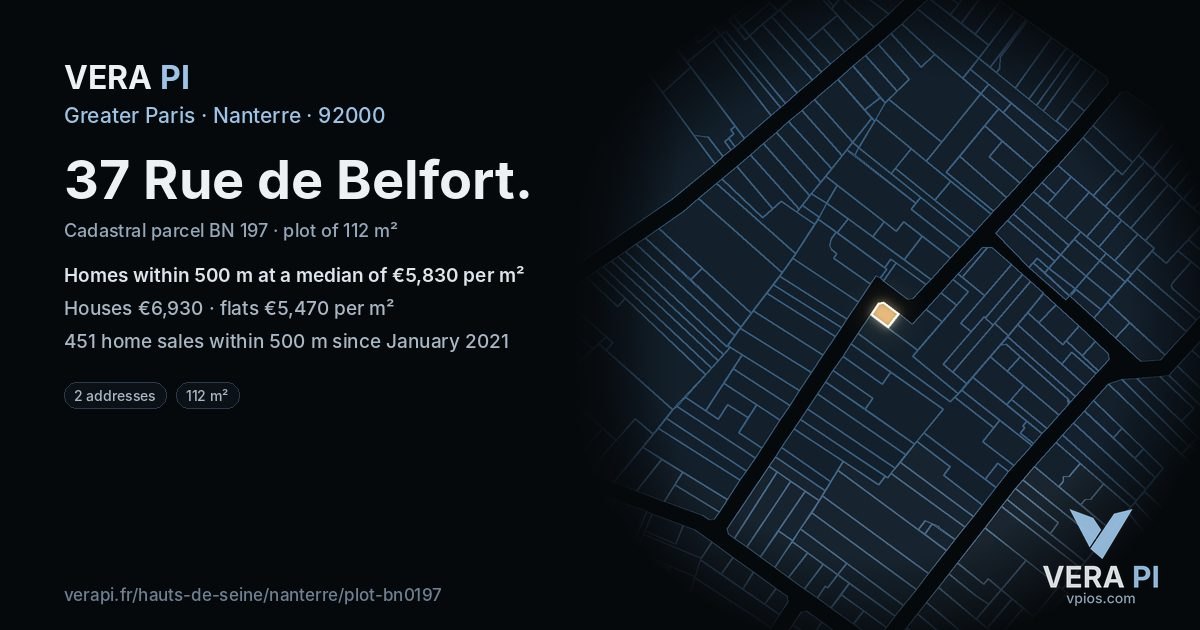 37 Rue de Belfort, Nanterre at night – the plot lit, the parcels around coloured by the prices near them