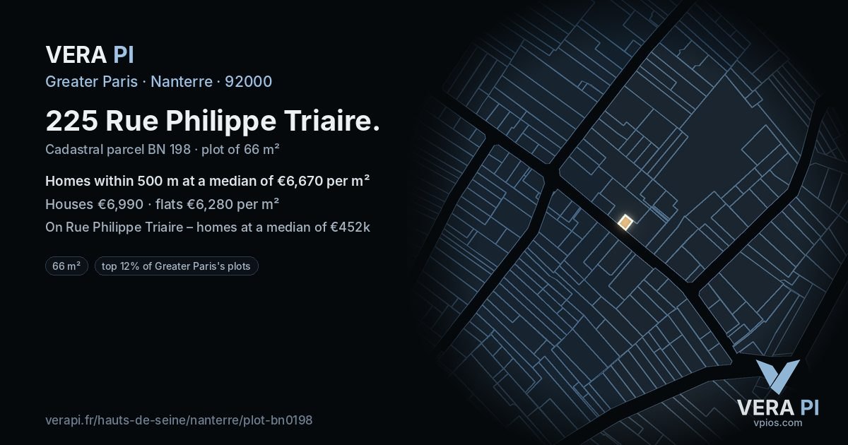 225 Rue Philippe Triaire, Nanterre at night – the plot lit, the parcels around coloured by the prices near them