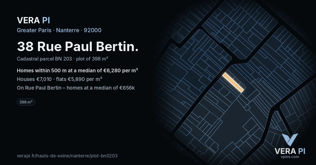 38 Rue Paul Bertin, Nanterre at night – the plot lit, the parcels around coloured by the prices near them