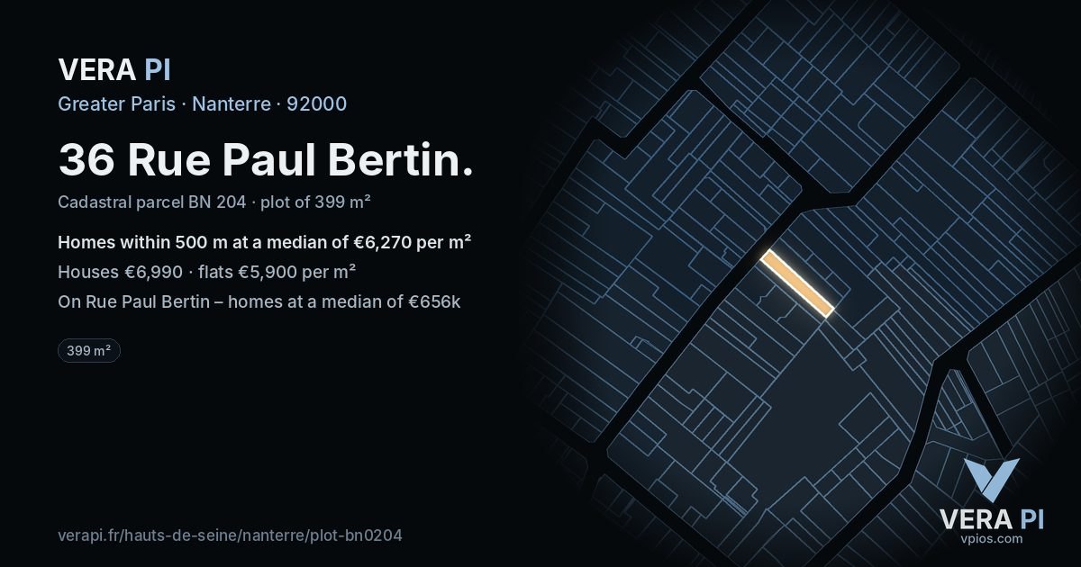 36 Rue Paul Bertin, Nanterre at night – the plot lit, the parcels around coloured by the prices near them
