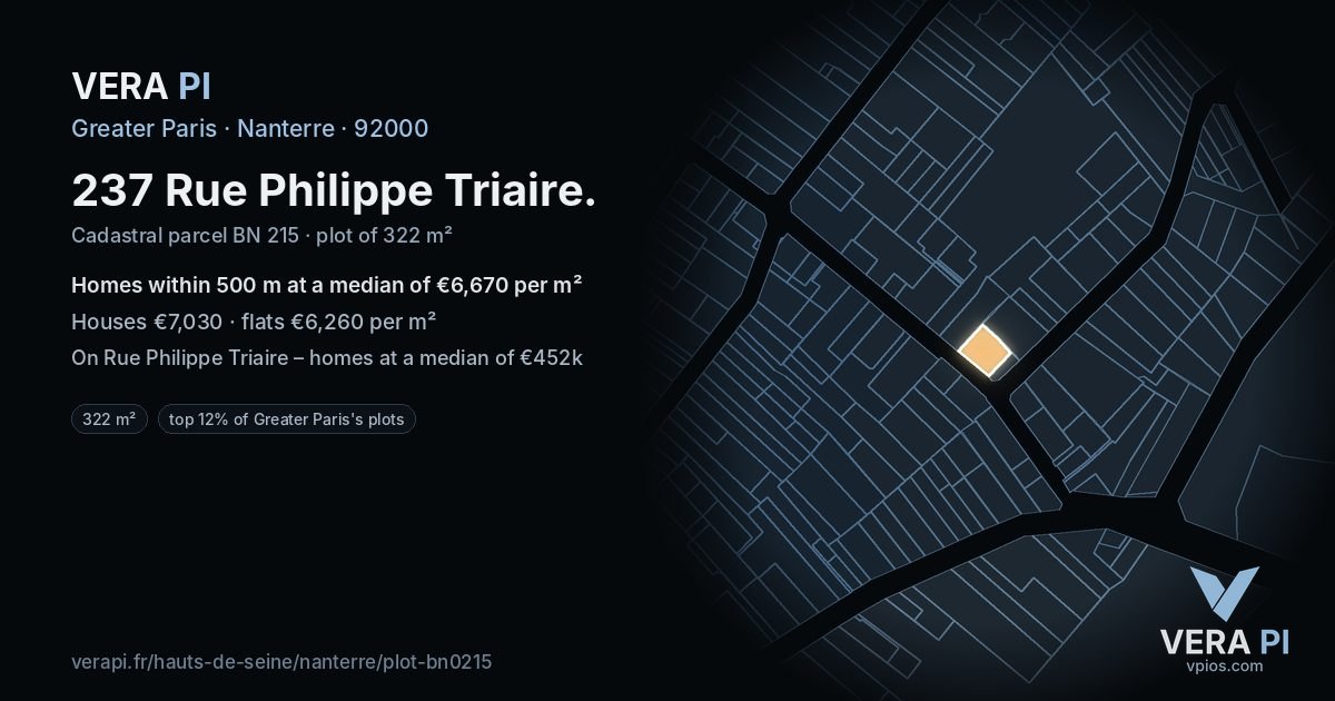237 Rue Philippe Triaire, Nanterre at night – the plot lit, the parcels around coloured by the prices near them