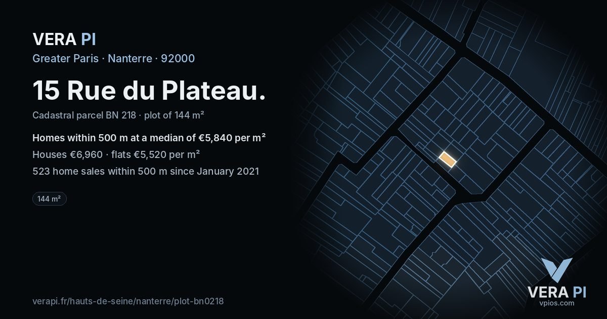 15 Rue du Plateau, Nanterre at night – the plot lit, the parcels around coloured by the prices near them