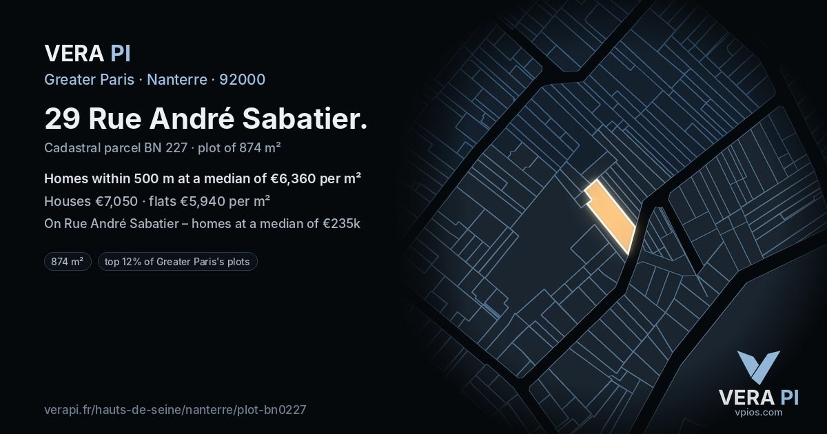 29 Rue André Sabatier, Nanterre at night – the plot lit, the parcels around coloured by the prices near them