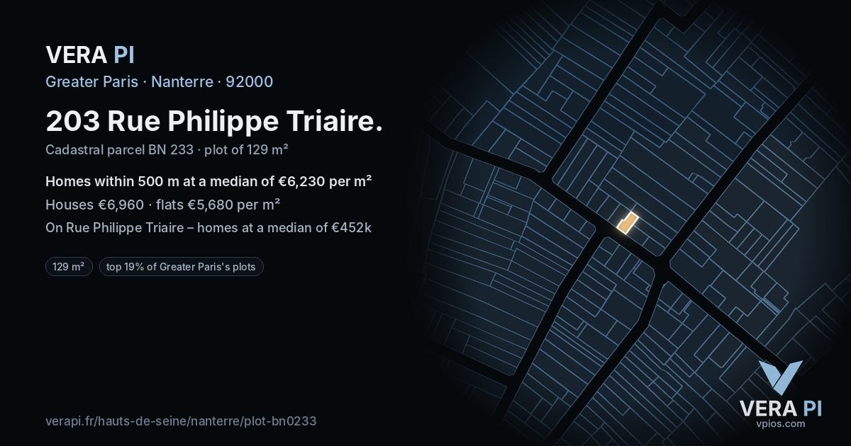 203 Rue Philippe Triaire, Nanterre at night – the plot lit, the parcels around coloured by the prices near them