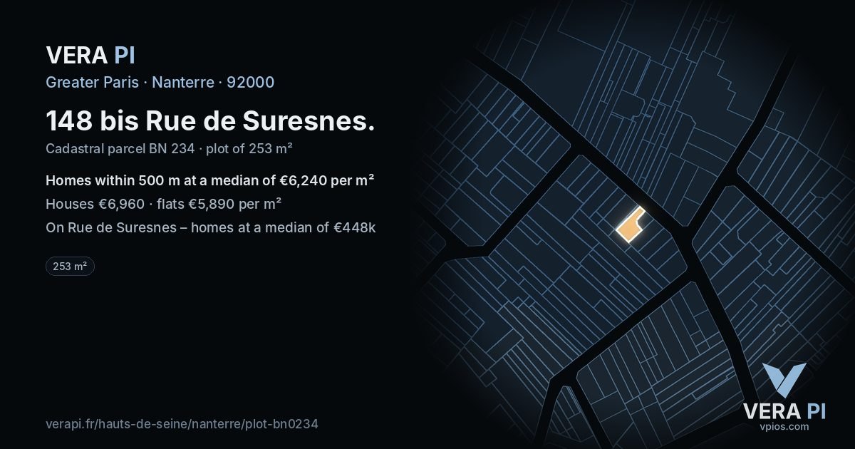 148 bis Rue de Suresnes, Nanterre at night – the plot lit, the parcels around coloured by the prices near them