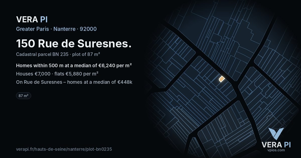 150 Rue de Suresnes, Nanterre at night – the plot lit, the parcels around coloured by the prices near them
